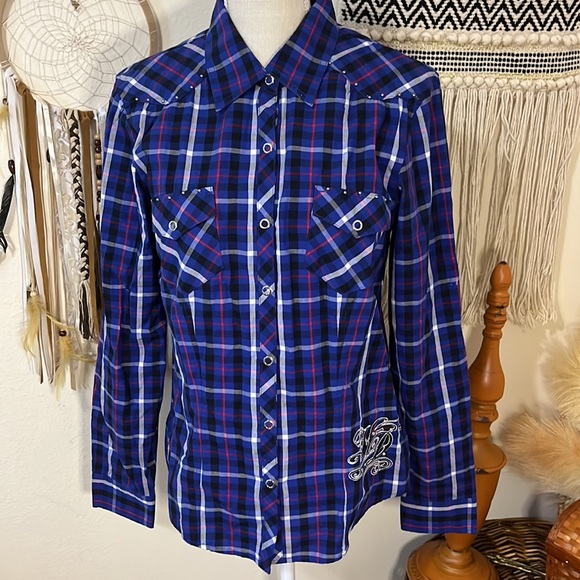 Harley-Davidson Plaid Button-down Long Sleeved Top/ Size Medium/ Blue - Picture 2 of 9